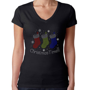 Womens T-Shirt Rhinestone Bling Black Fitted Tee Christmas Time Stockings