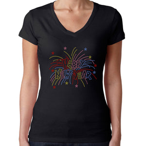 Womens T-Shirt Rhinestone Bling Black Fitted Tee Happy New Year Fireworks