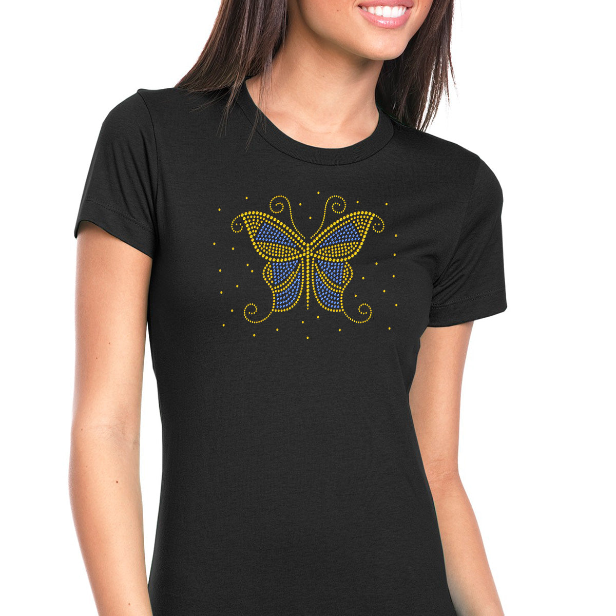 Womens T-Shirt Bling Black Fitted Tee Blue Gold Butterfly