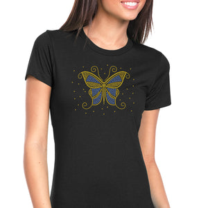 Womens T-Shirt Bling Black Fitted Tee Blue Gold Butterfly