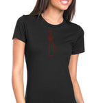 Womens T-Shirt Bling Black Fitted Tee Red Long Neck Kitty Cat