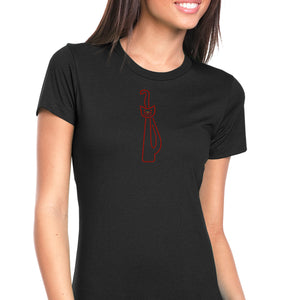 Womens T-Shirt Bling Black Fitted Tee Red Long Neck Kitty Cat