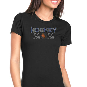 Womens T-Shirt Bling Black Fitted Tee Hockey Mom Puck Blue