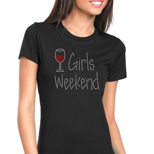 Womens T-Shirt Bling Black Fitted Tee Girls Weekend Wine Glass