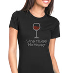 Womens T-Shirt Bling Black Fitted Tee Wine Makes Me Happy Glass