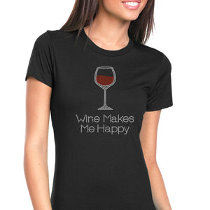 Womens T-Shirt Bling Black Fitted Tee Wine Makes Me Happy Glass