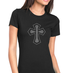 Womens T-Shirt Bling Black Fitted Tee Christian Cross Clear Crystal