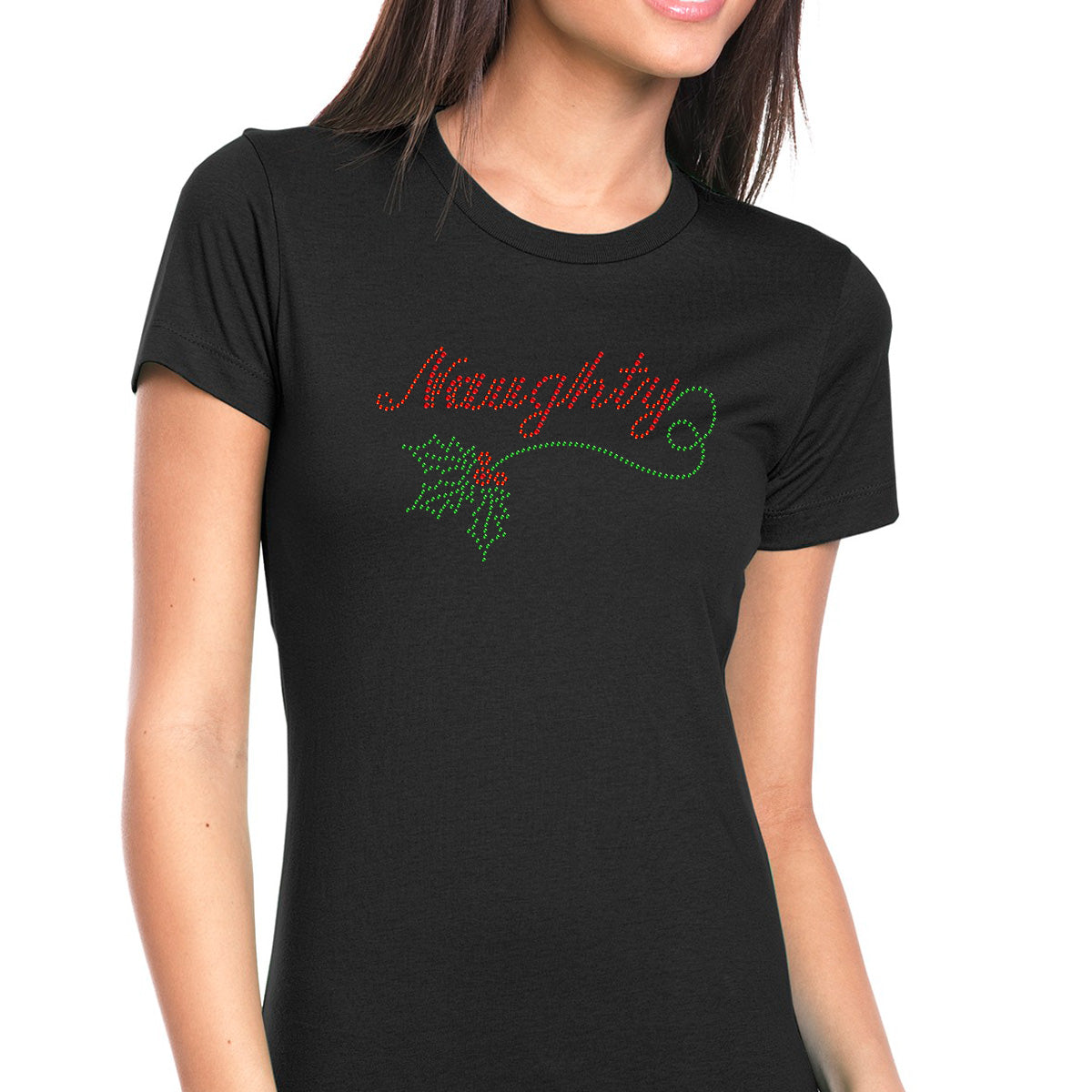 Womens T-Shirt Bling Black Fitted Tee Naughty Christmas Red Green