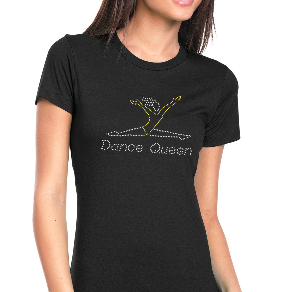 Womens T-Shirt Rhinestone Bling Black Fitted Tee Dance Queen Ballet