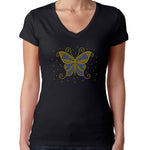 Womens T-Shirt Bling Black Fitted Tee Blue Gold Butterfly