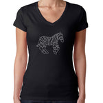 Womens T-Shirt Bling Black Fitted Tee Crystal Silver Zebra