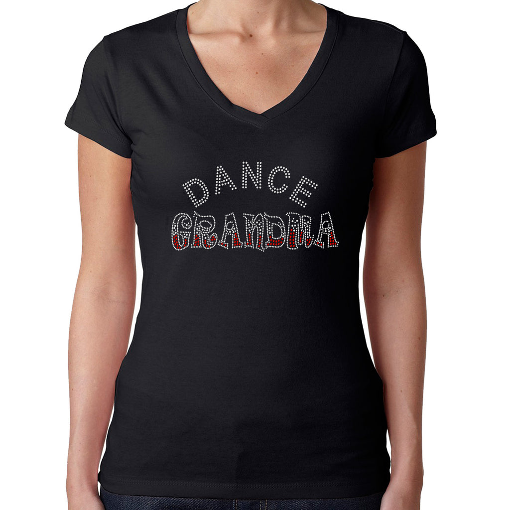 Womens T-Shirt Bling Black Fitted Tee Dance Grandma Crystal Red