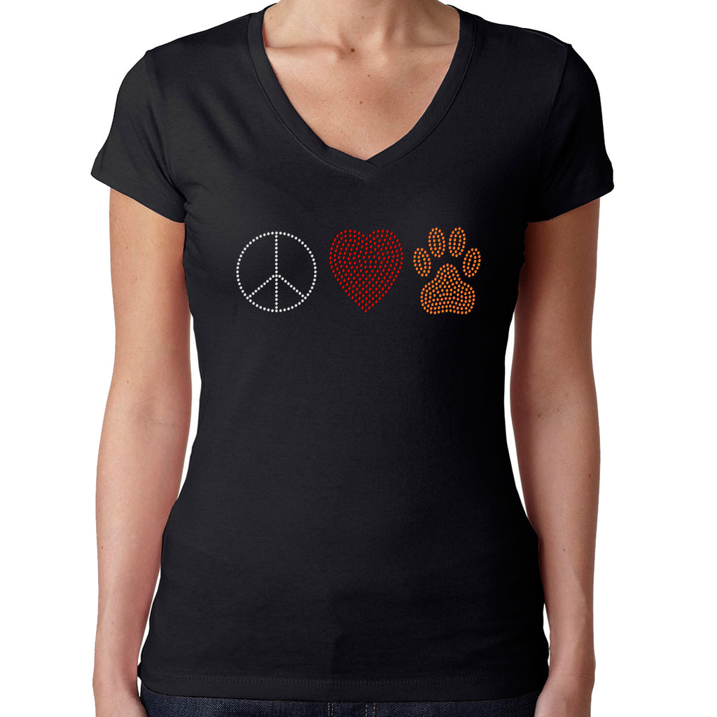 Womens T-Shirt Bling Black Fitted Tee Peace Love Paw Heart Dog