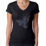 Womens T-Shirt Bling Black Fitted Tee Multicolered Butterflies Blue Red