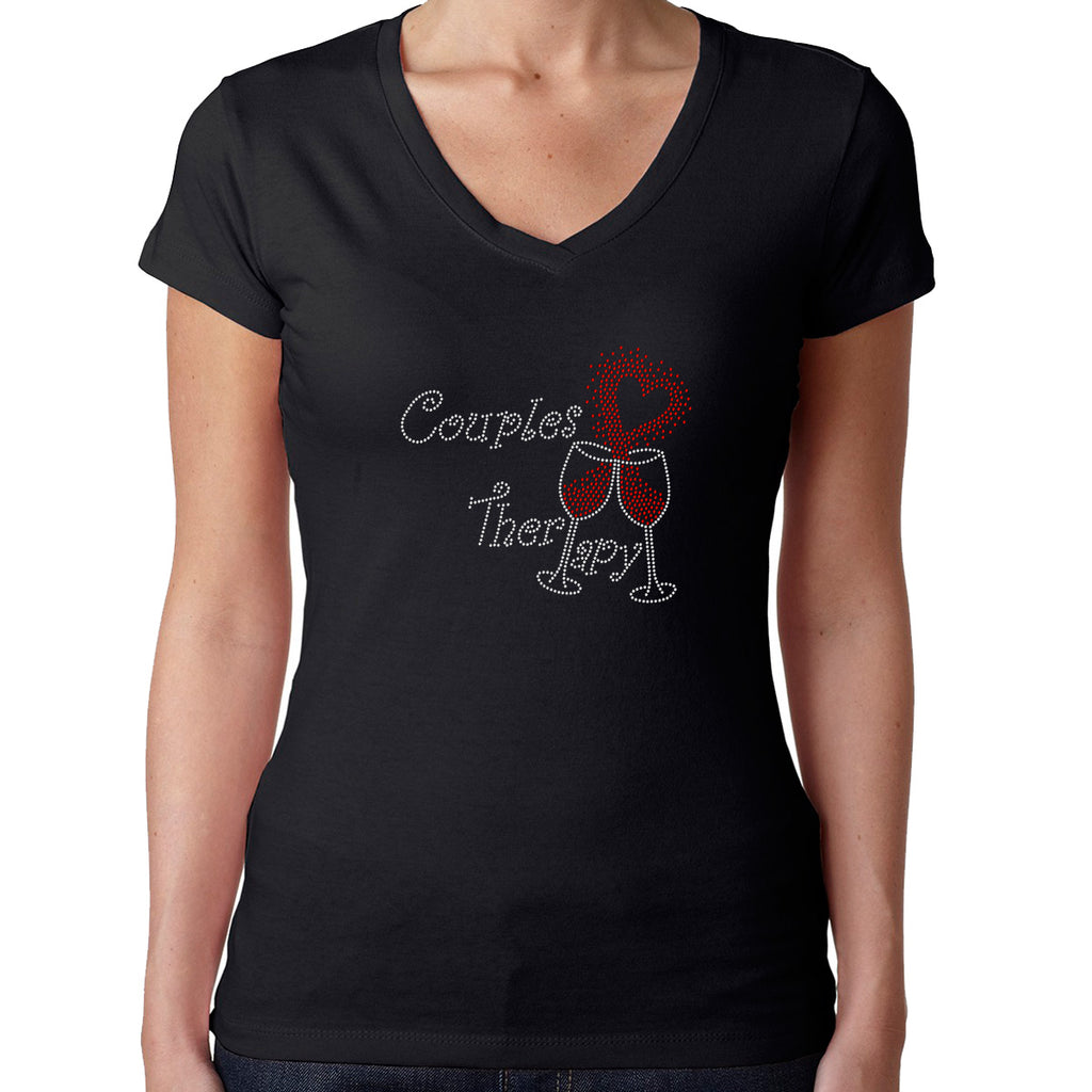 Womens T-Shirt Bling Black Fitted Tee Couples Therapy Wine Glass