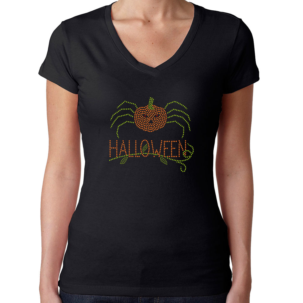 Womens T-Shirt Rhinestone Bling Black Fitted Tee Halloween Pumpkin Spider