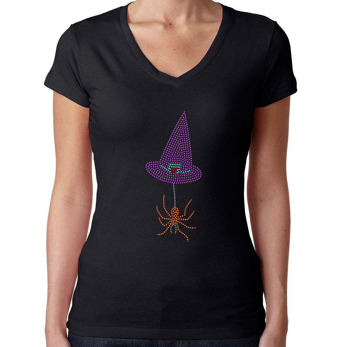 Womens T-Shirt Rhinestone Bling Black Fitted Tee Halloween Hanging Spider Hat