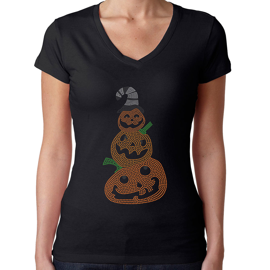 Womens T-Shirt Rhinestone Bling Black Fitted Tee Halloween Pumpkin Snowman