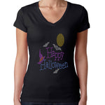 Womens T-Shirt Rhinestone Bling Black Fitted Tee Happy Halloween Bat Witch Hat