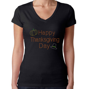 Womens T-Shirt Rhinestone Bling Black Fitted Tee Happy Thanksgiving Pumpkin