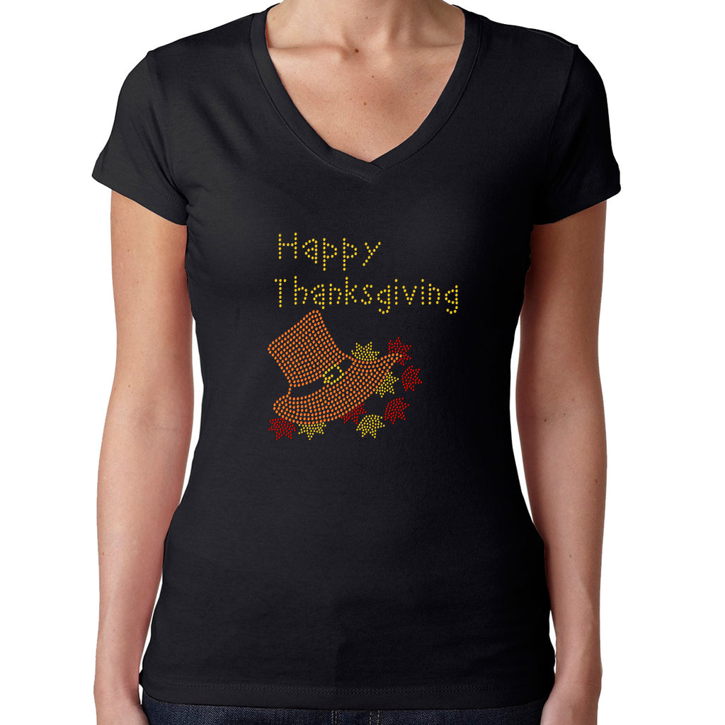 Womens T-Shirt Rhinestone Bling Black Fitted Tee Happy Thanksgiving Hat Flowers