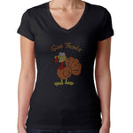 Womens T-Shirt Rhinestone Bling Black Fitted Tee Thanksgiving Give Thanks Turkey