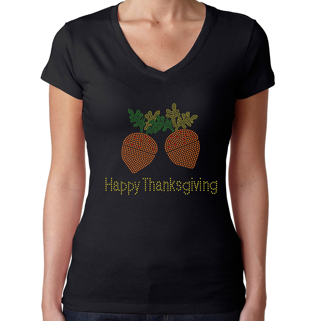 Womens T-Shirt Rhinestone Bling Black Fitted Tee Happy Thanksgiving Acorns