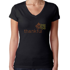 Womens T-Shirt Rhinestone Bling Black Fitted Tee Thanksgiving Thankful Autumn
