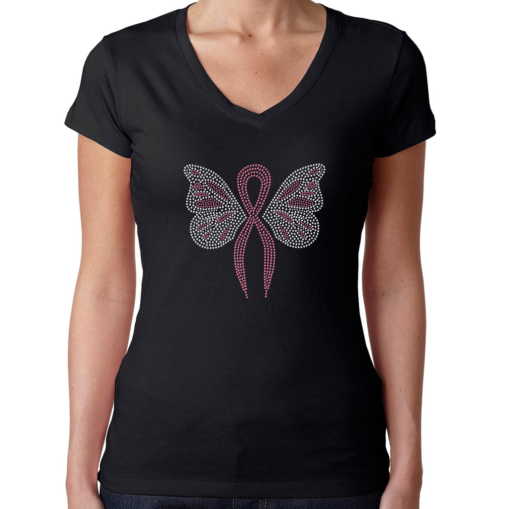 Womens T-Shirt Rhinestone Bling Black Fitted Tee Butterfly Pink Ribbon