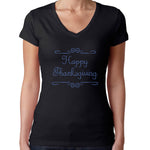 Womens T-Shirt Rhinestone Bling Black Fitted Tee Happy Thanksgiving Blue