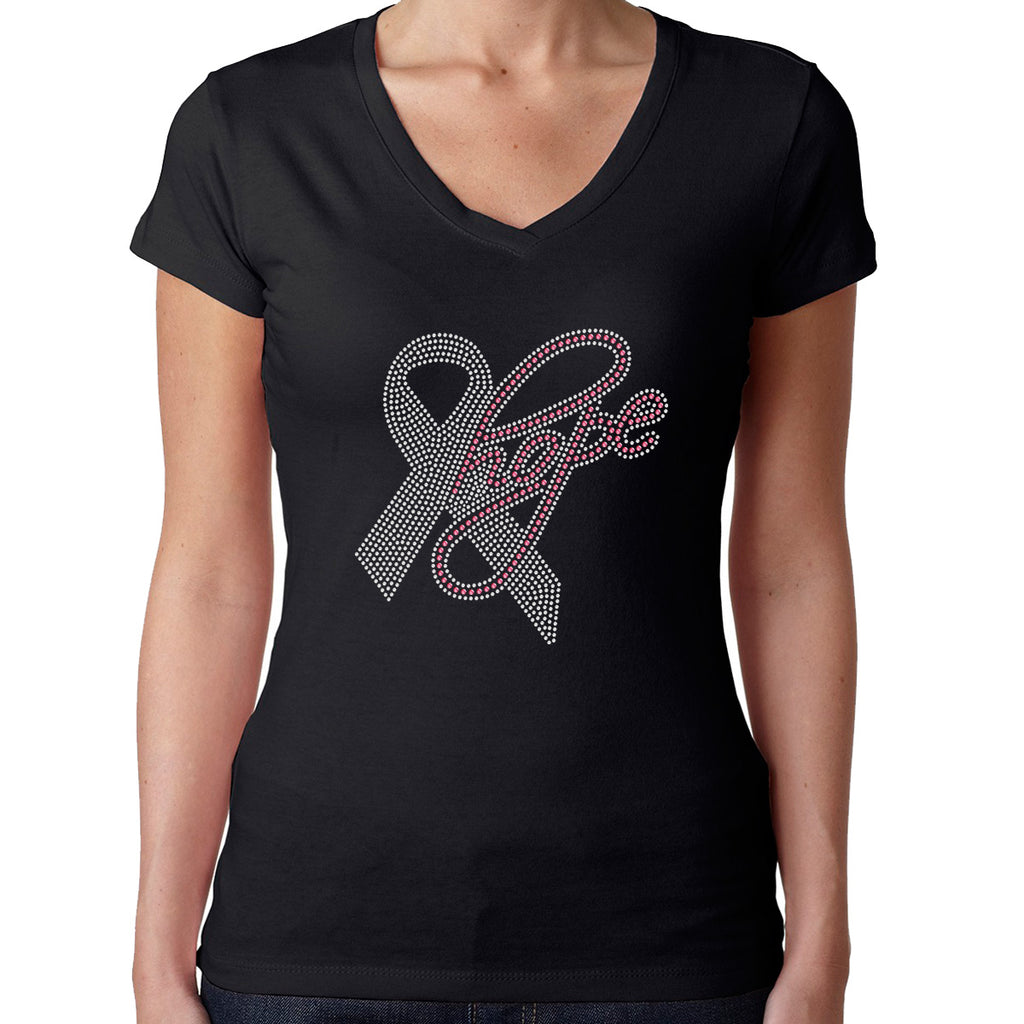 Womens T-Shirt Rhinestone Bling Black Fitted Tee Hope Pink Ribbon