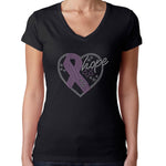 Womens T-Shirt Rhinestone Bling Black Fitted Tee Hope Heart Pink Ribbon
