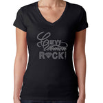 Womens T-Shirt Rhinestone Bling Black Fitted Tee Curvy Women Rock