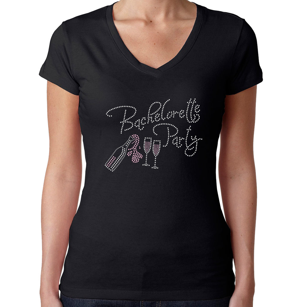 Womens T-Shirt Rhinestone Bling Black Fitted Tee Bachelorette Party Drinks
