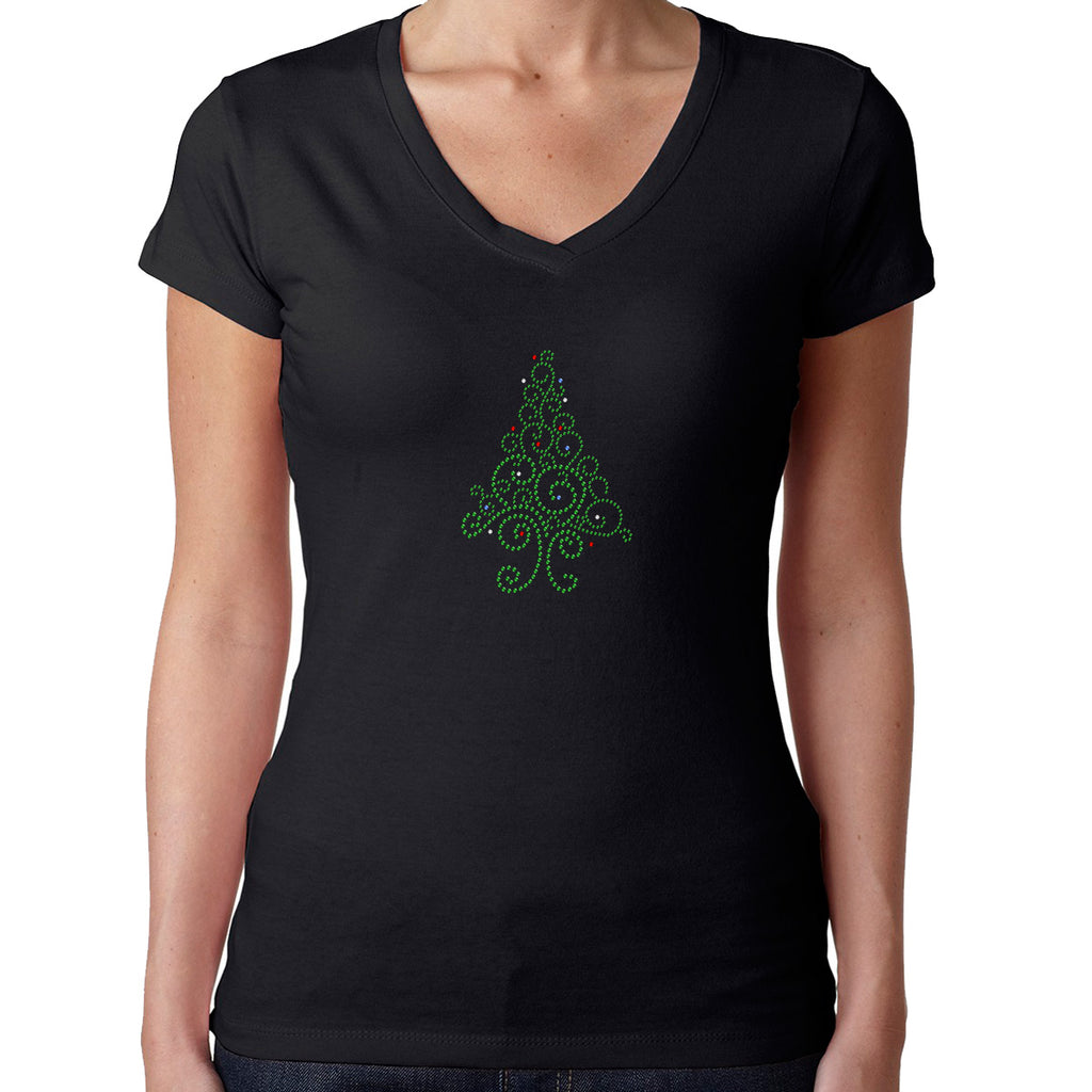 Womens T-Shirt Rhinestone Bling Black Fitted Tee Christmas Tree