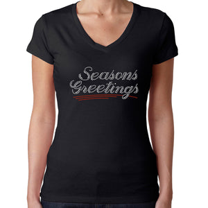 Womens T-Shirt Rhinestone Bling Black Fitted Tee Seasons Greetings Christmas