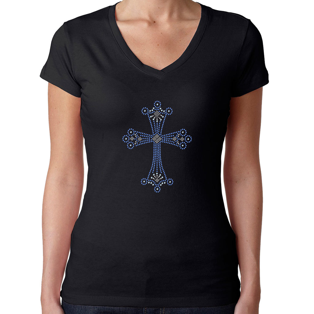 Womens T-Shirt Rhinestone Bling Black Fitted Tee White Clear Blue Cross