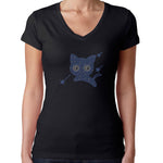 Womens T-Shirt Rhinestone Bling Black Fitted Tee Blue Kitty Cat