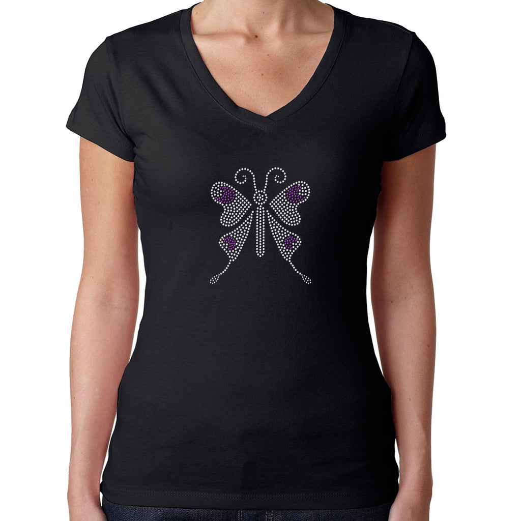 Womens T-Shirt Rhinestone Bling Black Fitted Tee Purple Butterfly