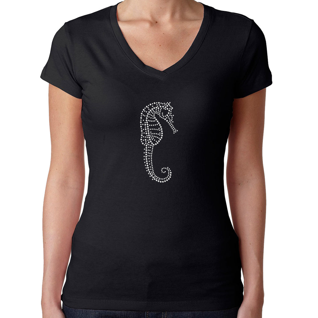 Womens T-Shirt Rhinestone Bling Black Fitted Tee Sea Horse Ocean White