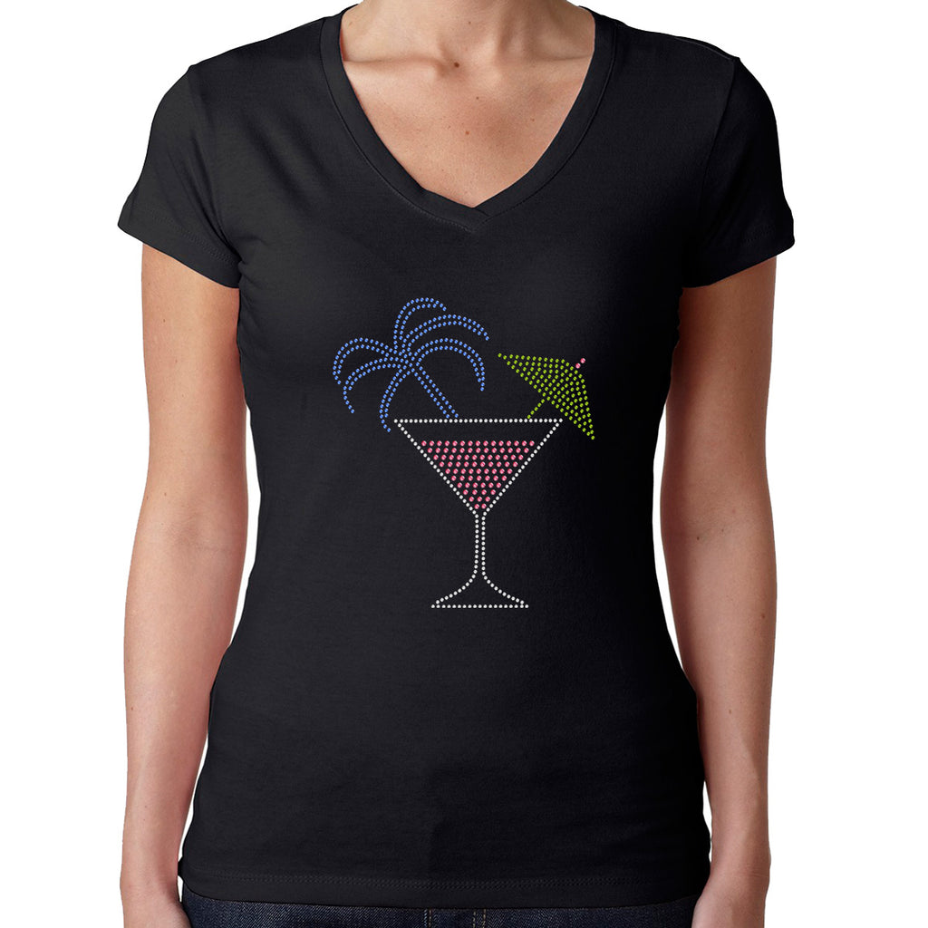 Womens T-Shirt Rhinestone Bling Black Fitted Tee Tropic Caribbean Drink Glass