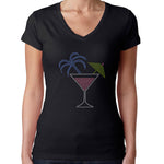 Womens T-Shirt Rhinestone Bling Black Fitted Tee Tropic Caribbean Drink Glass