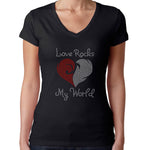 Womens T-Shirt Rhinestone Bling Black Fitted Tee Love Rocks My World Heart