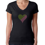 Womens T-Shirt Rhinestone Bling Black Tee Light Green Pink Heart Love
