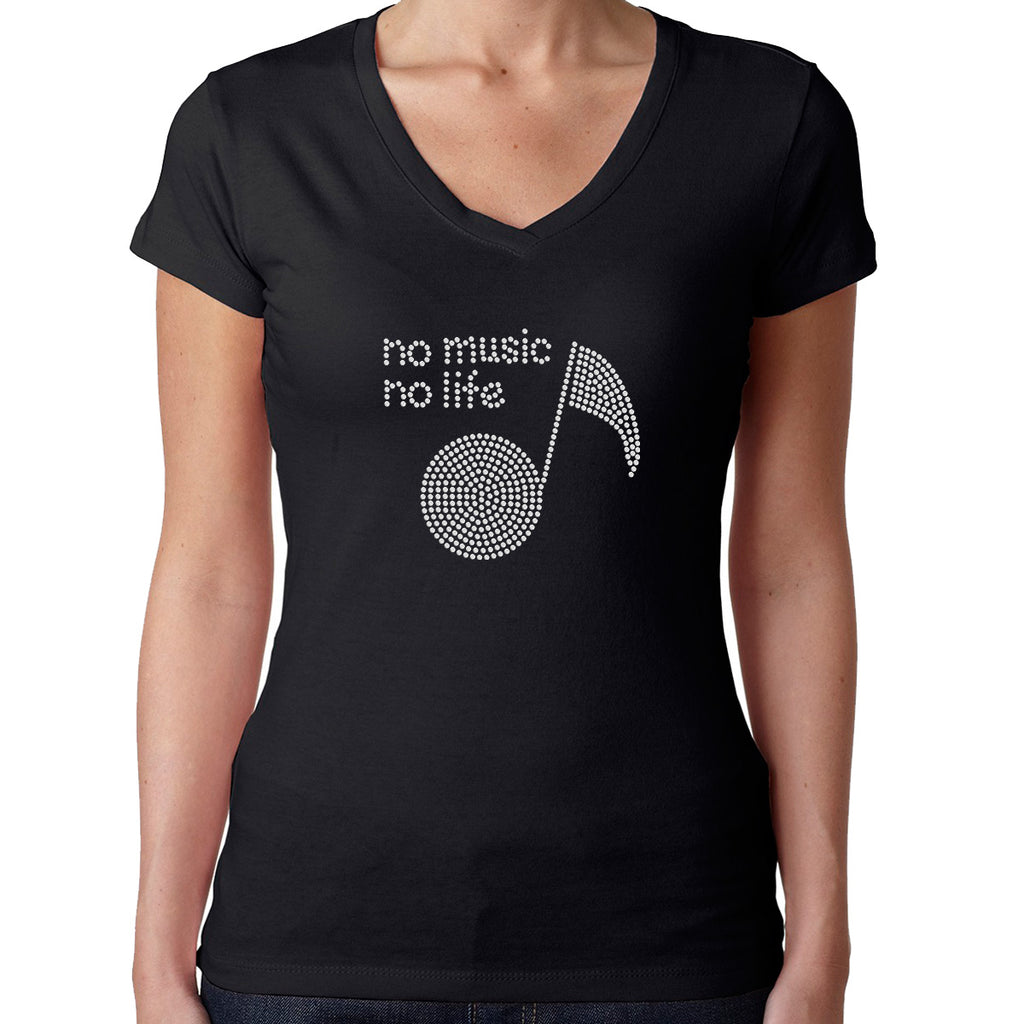 Womens T-Shirt Rhinestone Bling Black Fitted Tee No Music No Life