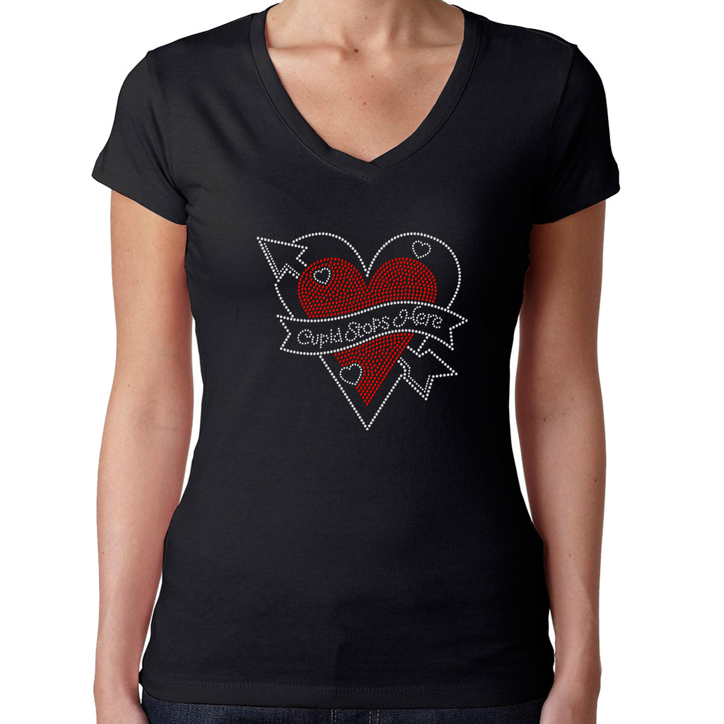 Womens T-Shirt Rhinestone Bling Black Fitted Tee Love Heart Cupid Stops Here