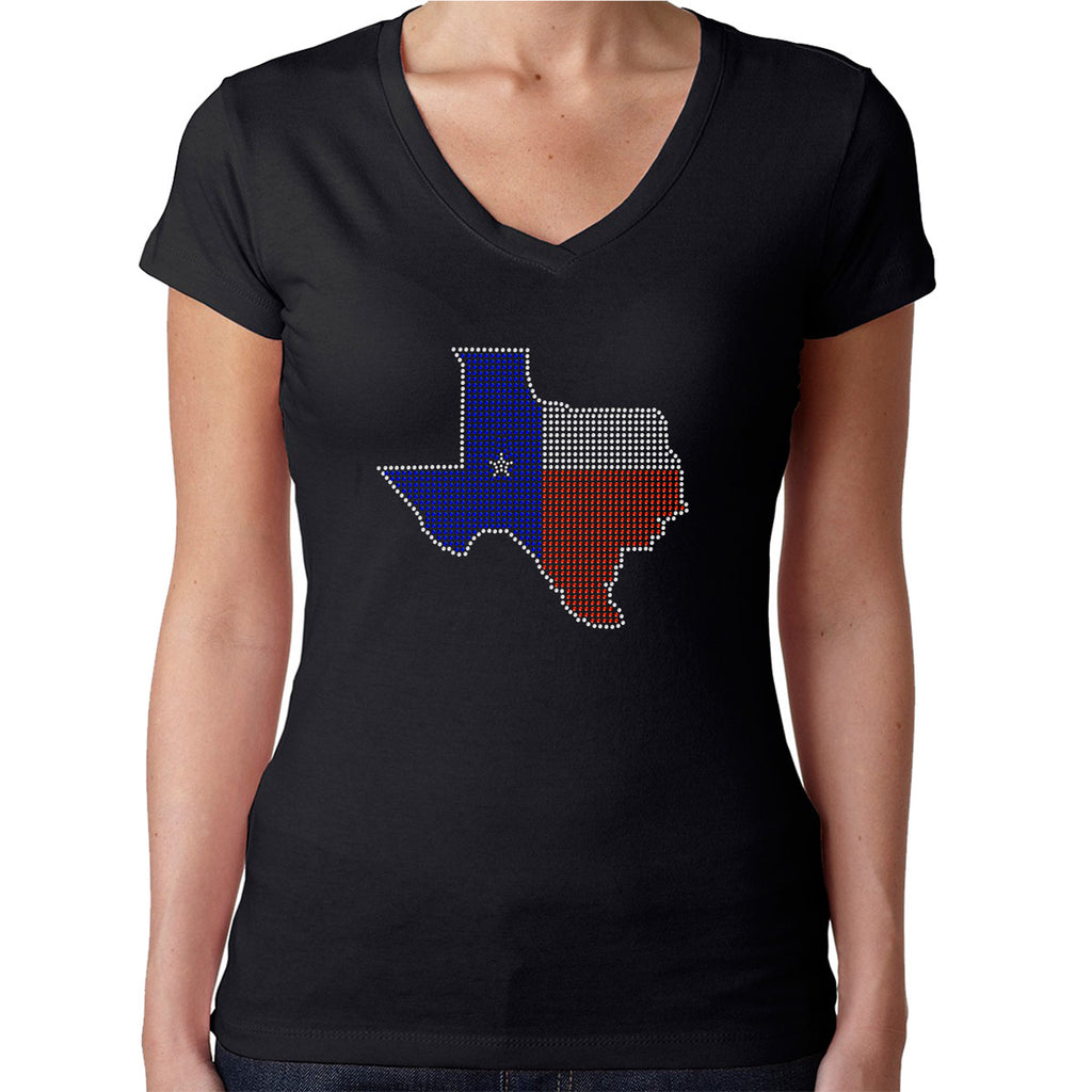 Womens T-Shirt Rhinestone Bling Black Fitted Tee Texas Flag Map