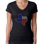 Womens T-Shirt Rhinestone Bling Black Fitted Tee Texas Flag Map