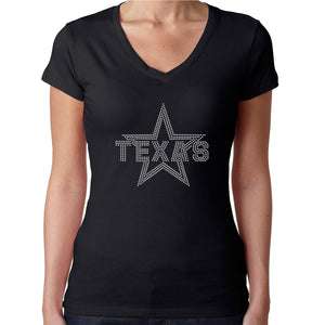 Womens T-Shirt Rhinestone Bling Black Fitted Tee Texas Star White Sparkle