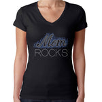 Womens T-Shirt Rhinestone Bling Black Fitted Tee Mom Rocks Blue White Sparkle